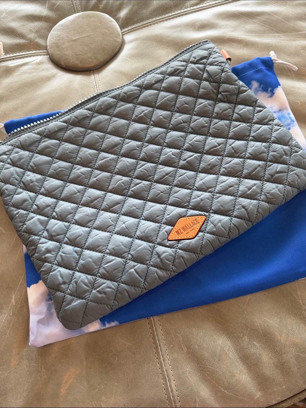 MZ Wallace Quilted Gray Cosmetic Pouch with Tan Logo Patch includes dust bag